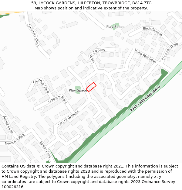 59, LACOCK GARDENS, HILPERTON, TROWBRIDGE, BA14 7TG: Location map and indicative extent of plot