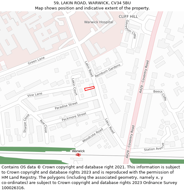 59, LAKIN ROAD, WARWICK, CV34 5BU: Location map and indicative extent of plot