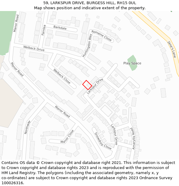 59, LARKSPUR DRIVE, BURGESS HILL, RH15 0UL: Location map and indicative extent of plot