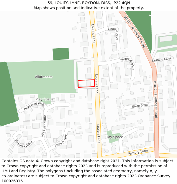 59, LOUIES LANE, ROYDON, DISS, IP22 4QN: Location map and indicative extent of plot