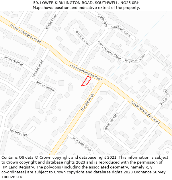 59, LOWER KIRKLINGTON ROAD, SOUTHWELL, NG25 0BH: Location map and indicative extent of plot