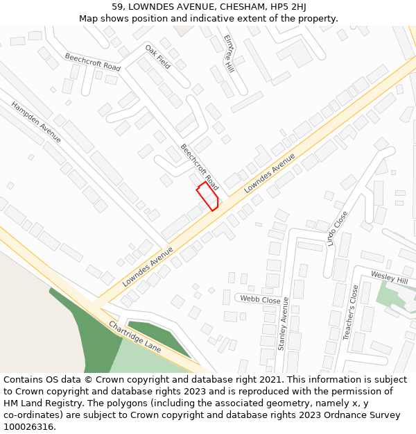 59, LOWNDES AVENUE, CHESHAM, HP5 2HJ: Location map and indicative extent of plot
