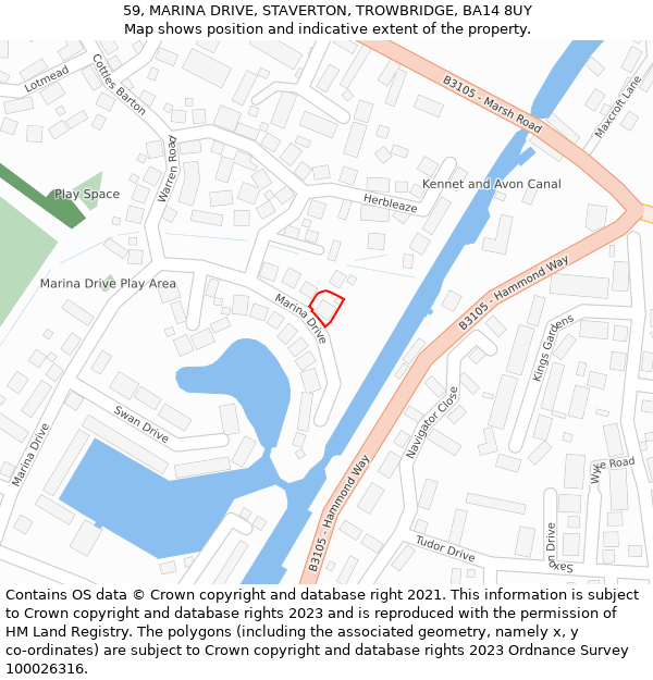 59, MARINA DRIVE, STAVERTON, TROWBRIDGE, BA14 8UY: Location map and indicative extent of plot