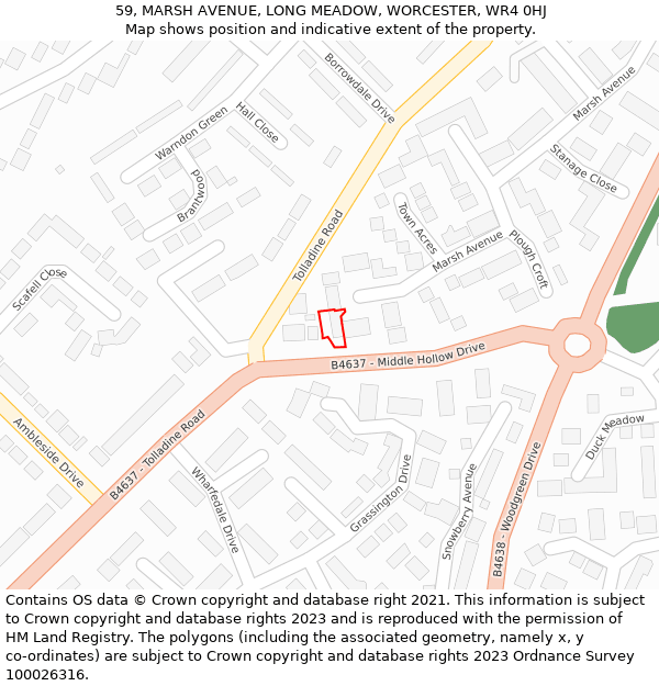 59, MARSH AVENUE, LONG MEADOW, WORCESTER, WR4 0HJ: Location map and indicative extent of plot