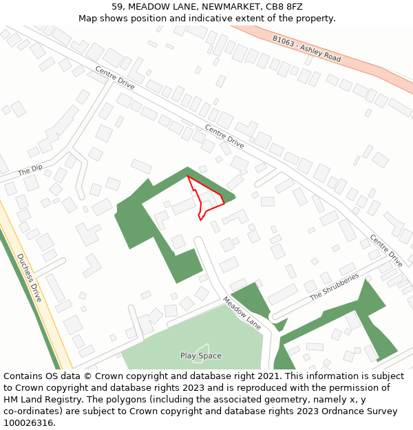 59, MEADOW LANE, NEWMARKET, CB8 8FZ: Location map and indicative extent of plot