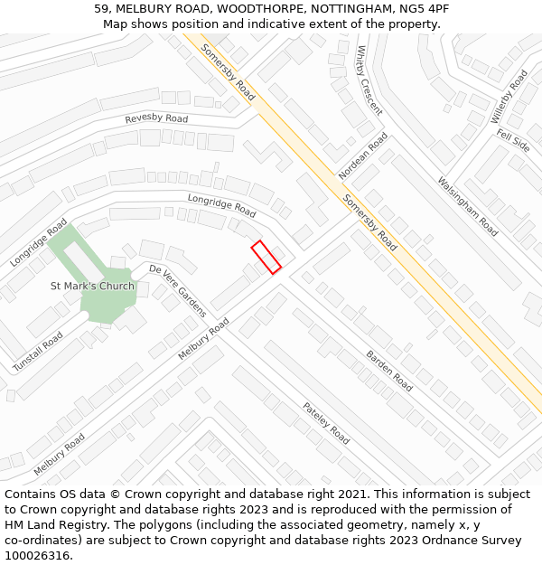 59, MELBURY ROAD, WOODTHORPE, NOTTINGHAM, NG5 4PF: Location map and indicative extent of plot