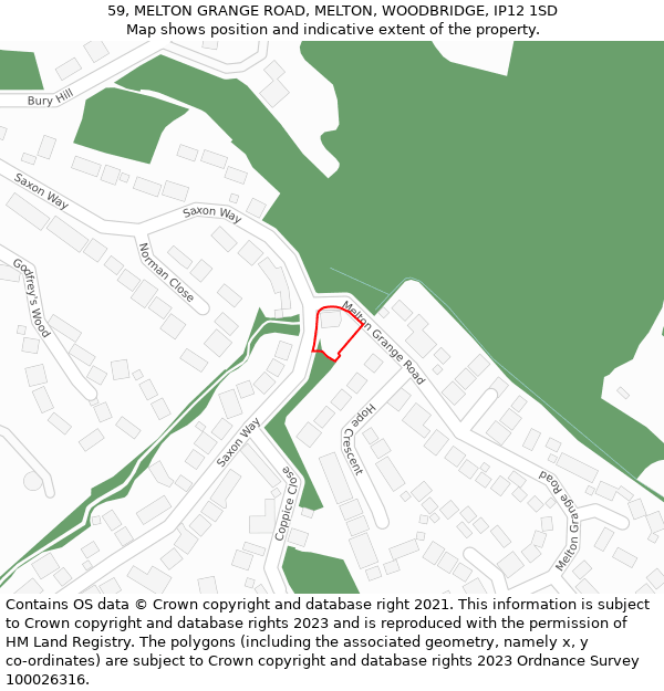 59, MELTON GRANGE ROAD, MELTON, WOODBRIDGE, IP12 1SD: Location map and indicative extent of plot