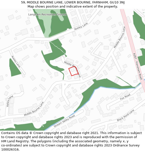 59, MIDDLE BOURNE LANE, LOWER BOURNE, FARNHAM, GU10 3NJ: Location map and indicative extent of plot
