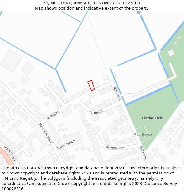 59, MILL LANE, RAMSEY, HUNTINGDON, PE26 1EF: Location map and indicative extent of plot