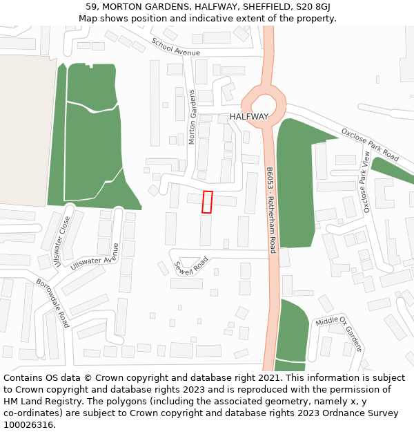 59, MORTON GARDENS, HALFWAY, SHEFFIELD, S20 8GJ: Location map and indicative extent of plot