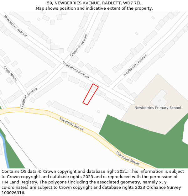 59, NEWBERRIES AVENUE, RADLETT, WD7 7EL: Location map and indicative extent of plot