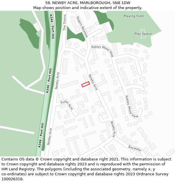 59, NEWBY ACRE, MARLBOROUGH, SN8 1DW: Location map and indicative extent of plot