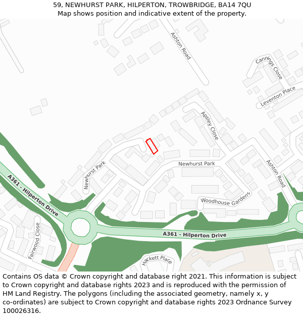 59, NEWHURST PARK, HILPERTON, TROWBRIDGE, BA14 7QU: Location map and indicative extent of plot