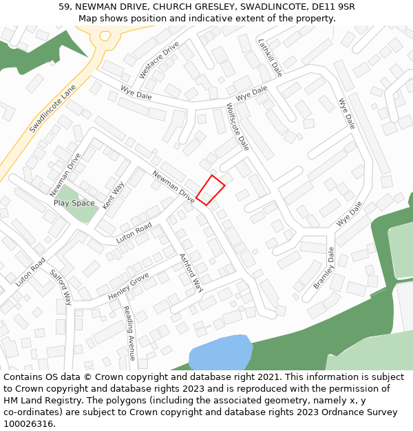 59, NEWMAN DRIVE, CHURCH GRESLEY, SWADLINCOTE, DE11 9SR: Location map and indicative extent of plot