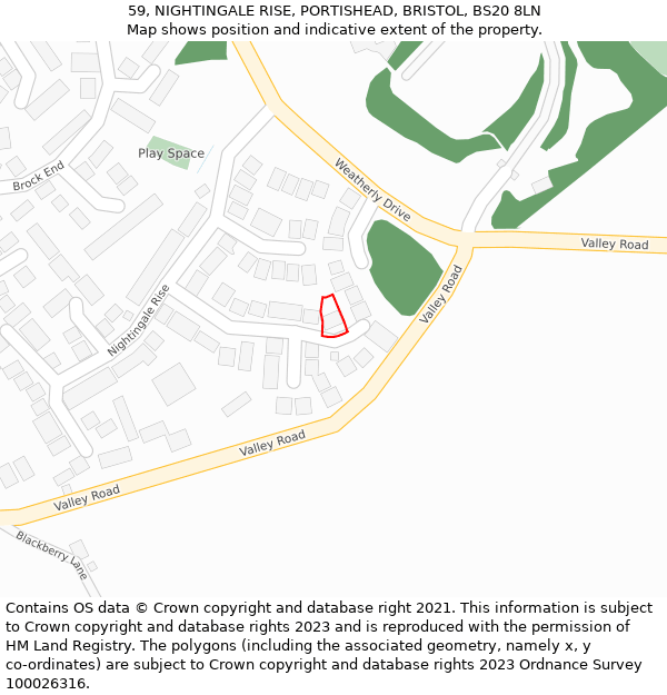 59, NIGHTINGALE RISE, PORTISHEAD, BRISTOL, BS20 8LN: Location map and indicative extent of plot