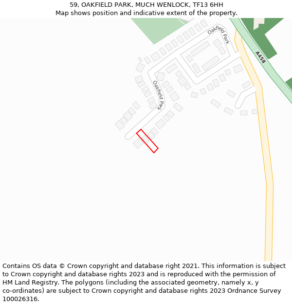 59, OAKFIELD PARK, MUCH WENLOCK, TF13 6HH: Location map and indicative extent of plot