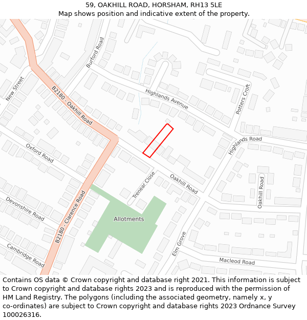 59, OAKHILL ROAD, HORSHAM, RH13 5LE: Location map and indicative extent of plot