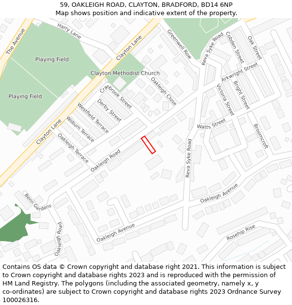 59, OAKLEIGH ROAD, CLAYTON, BRADFORD, BD14 6NP: Location map and indicative extent of plot