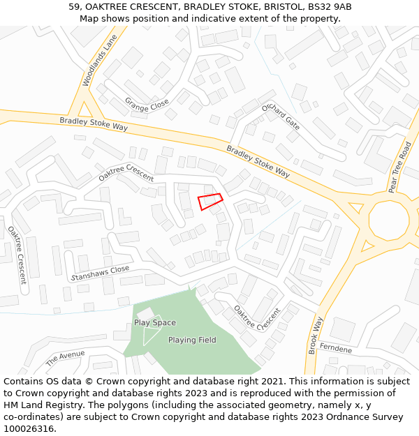 59, OAKTREE CRESCENT, BRADLEY STOKE, BRISTOL, BS32 9AB: Location map and indicative extent of plot