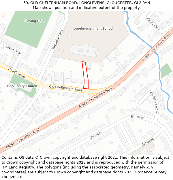 59, OLD CHELTENHAM ROAD, LONGLEVENS, GLOUCESTER, GL2 0AN: Location map and indicative extent of plot