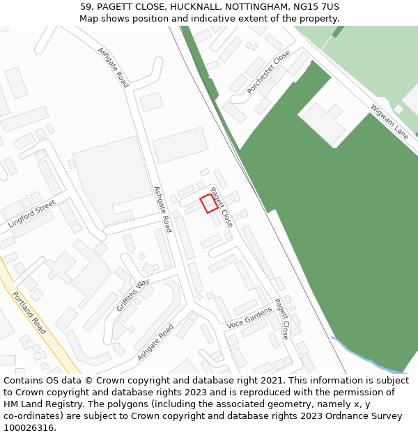 59, PAGETT CLOSE, HUCKNALL, NOTTINGHAM, NG15 7US: Location map and indicative extent of plot