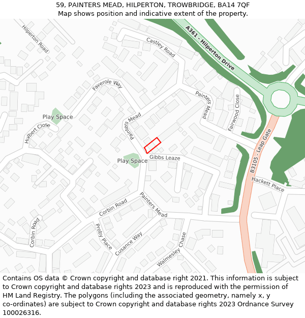 59, PAINTERS MEAD, HILPERTON, TROWBRIDGE, BA14 7QF: Location map and indicative extent of plot