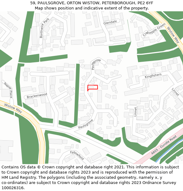 59, PAULSGROVE, ORTON WISTOW, PETERBOROUGH, PE2 6YF: Location map and indicative extent of plot