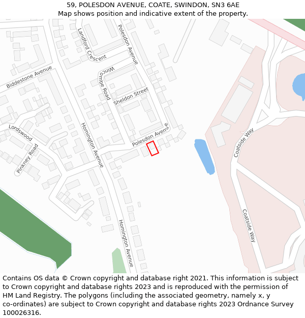 59, POLESDON AVENUE, COATE, SWINDON, SN3 6AE: Location map and indicative extent of plot