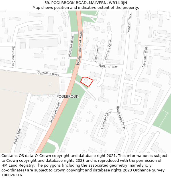 59, POOLBROOK ROAD, MALVERN, WR14 3JN: Location map and indicative extent of plot
