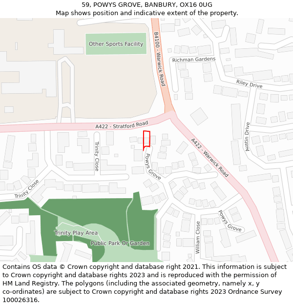 59, POWYS GROVE, BANBURY, OX16 0UG: Location map and indicative extent of plot