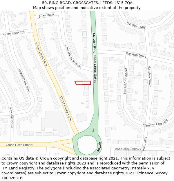 59, RING ROAD, CROSSGATES, LEEDS, LS15 7QA: Location map and indicative extent of plot