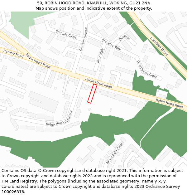 59, ROBIN HOOD ROAD, KNAPHILL, WOKING, GU21 2NA: Location map and indicative extent of plot