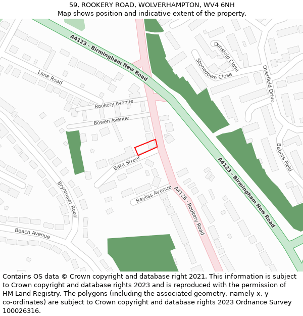 59, ROOKERY ROAD, WOLVERHAMPTON, WV4 6NH: Location map and indicative extent of plot
