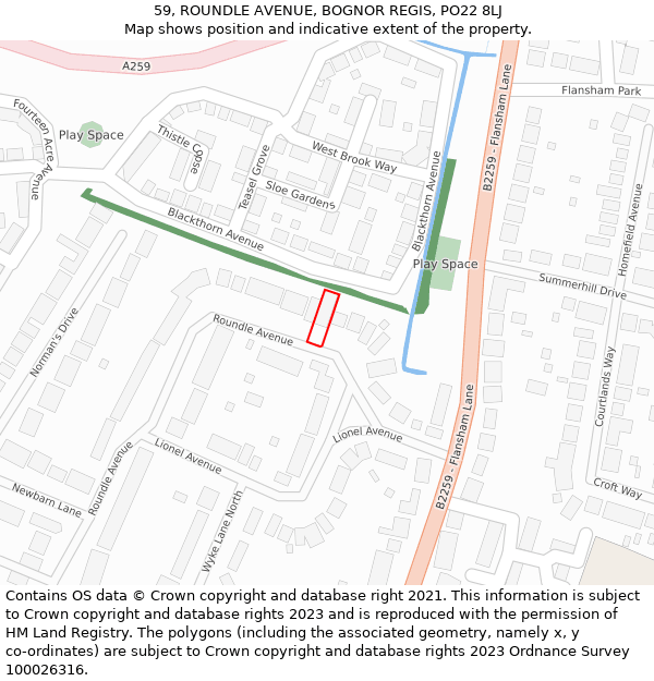 59, ROUNDLE AVENUE, BOGNOR REGIS, PO22 8LJ: Location map and indicative extent of plot