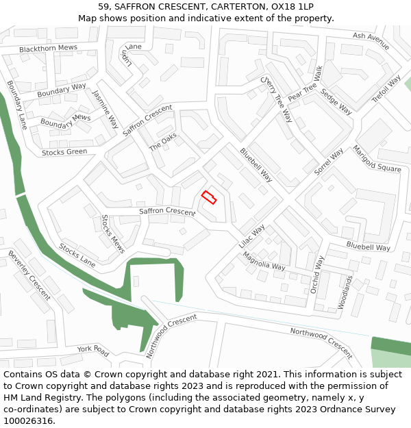 59, SAFFRON CRESCENT, CARTERTON, OX18 1LP: Location map and indicative extent of plot