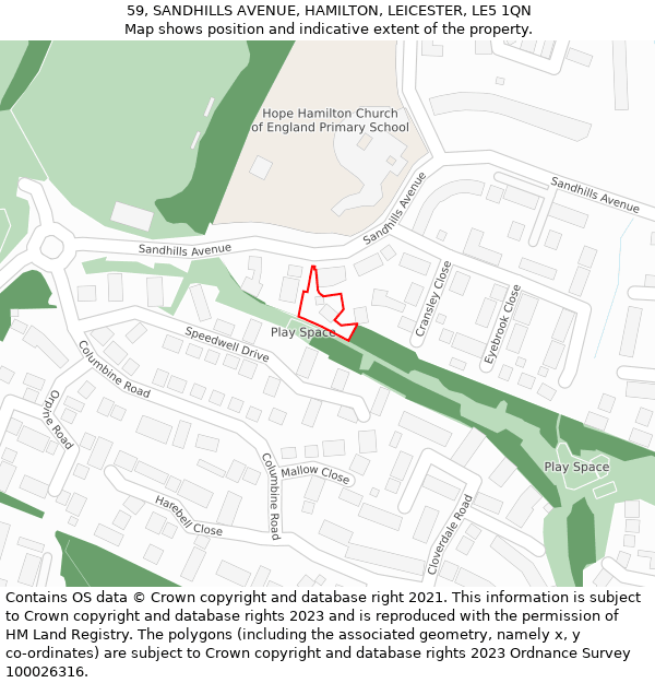 59, SANDHILLS AVENUE, HAMILTON, LEICESTER, LE5 1QN: Location map and indicative extent of plot