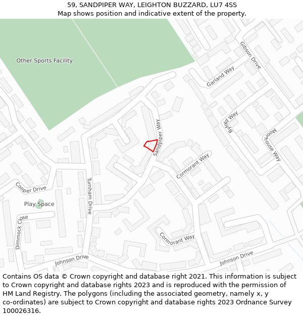 59, SANDPIPER WAY, LEIGHTON BUZZARD, LU7 4SS: Location map and indicative extent of plot