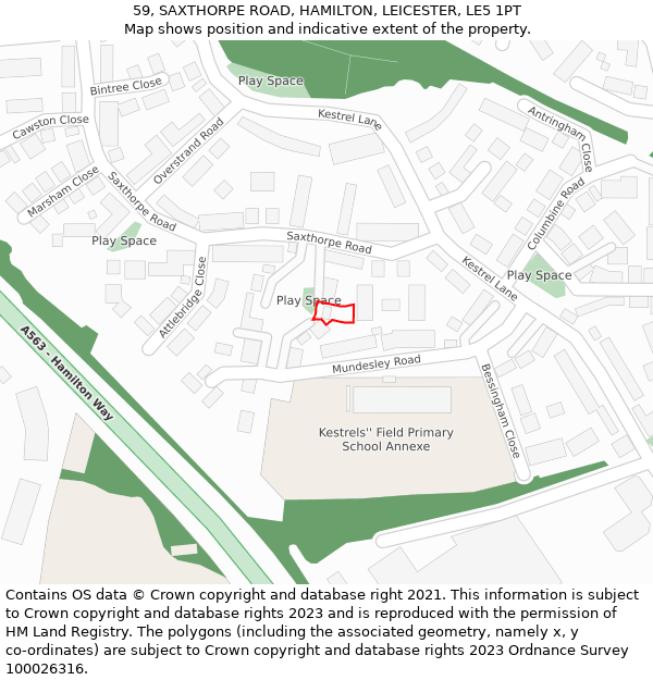 59, SAXTHORPE ROAD, HAMILTON, LEICESTER, LE5 1PT: Location map and indicative extent of plot