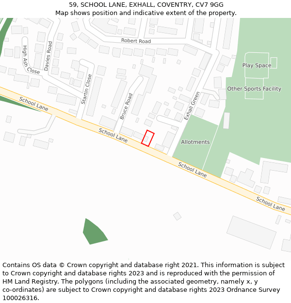 59, SCHOOL LANE, EXHALL, COVENTRY, CV7 9GG: Location map and indicative extent of plot