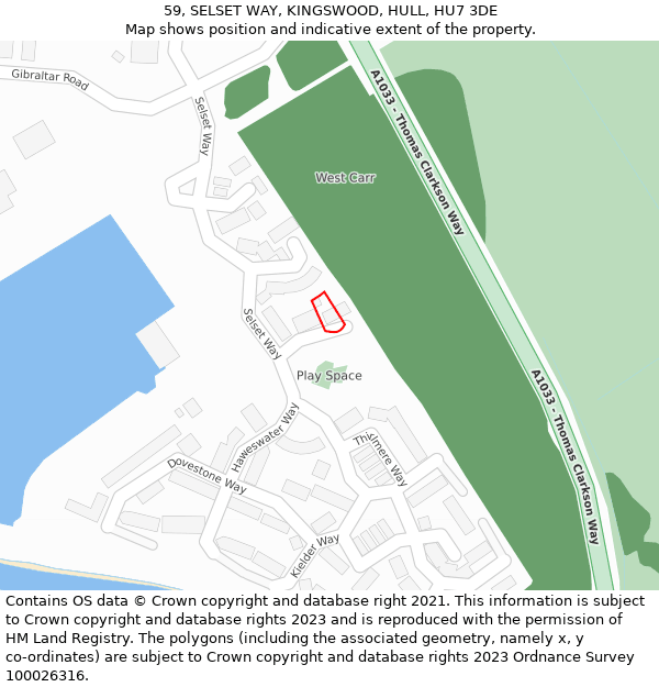 59, SELSET WAY, KINGSWOOD, HULL, HU7 3DE: Location map and indicative extent of plot