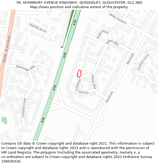 59, SHAWBURY AVENUE KINGSWAY, QUEDGELEY, GLOUCESTER, GL2 2BD: Location map and indicative extent of plot