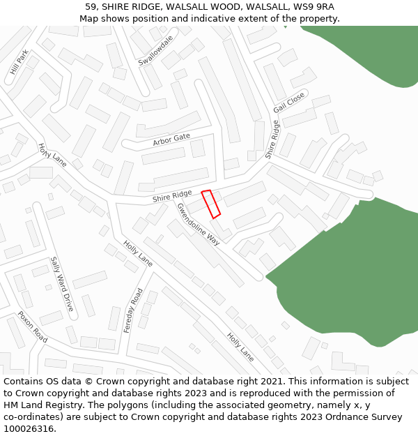 59, SHIRE RIDGE, WALSALL WOOD, WALSALL, WS9 9RA: Location map and indicative extent of plot