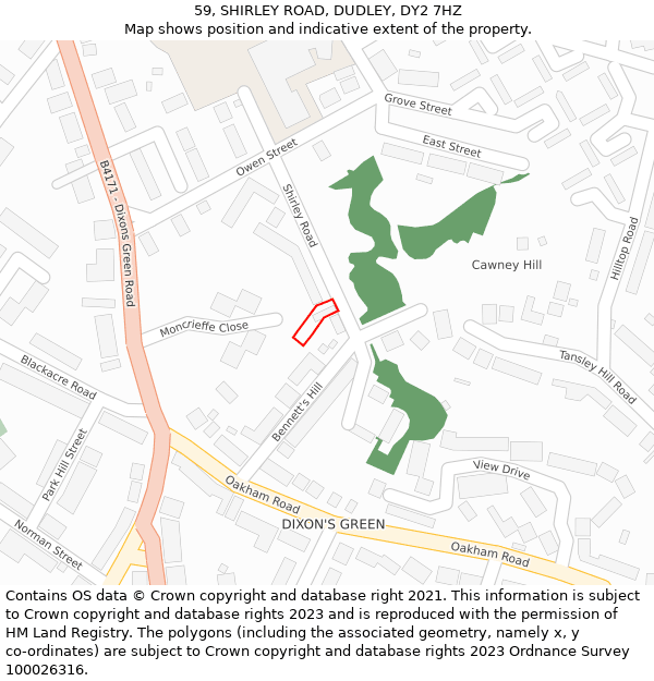 59, SHIRLEY ROAD, DUDLEY, DY2 7HZ: Location map and indicative extent of plot