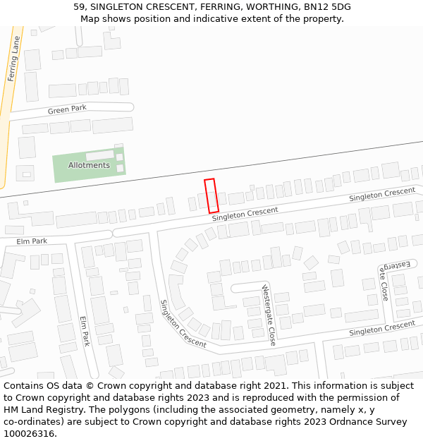 59, SINGLETON CRESCENT, FERRING, WORTHING, BN12 5DG: Location map and indicative extent of plot