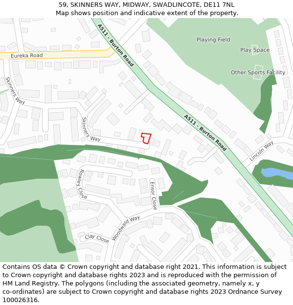 59, SKINNERS WAY, MIDWAY, SWADLINCOTE, DE11 7NL: Location map and indicative extent of plot