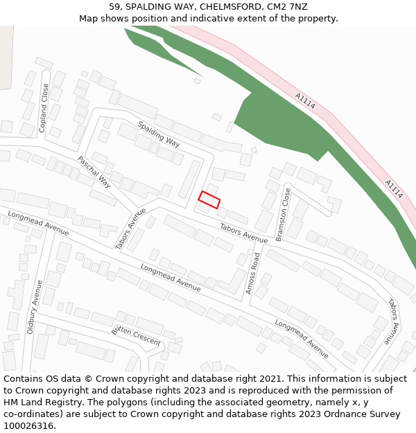 59, SPALDING WAY, CHELMSFORD, CM2 7NZ: Location map and indicative extent of plot