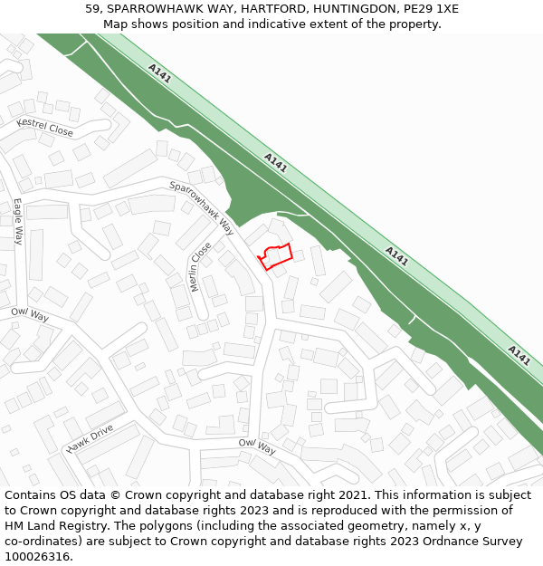 59, SPARROWHAWK WAY, HARTFORD, HUNTINGDON, PE29 1XE: Location map and indicative extent of plot