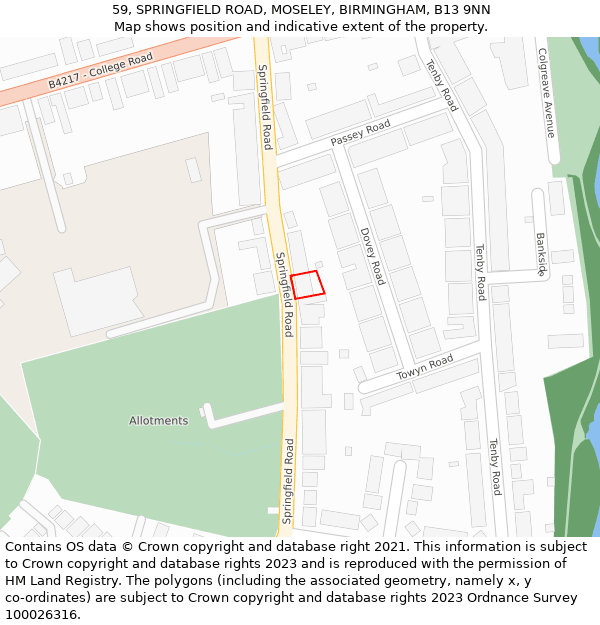 59, SPRINGFIELD ROAD, MOSELEY, BIRMINGHAM, B13 9NN: Location map and indicative extent of plot