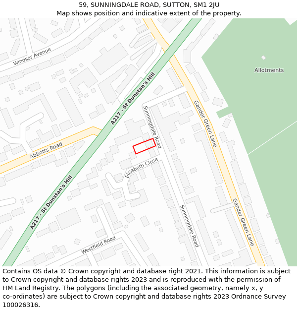 59, SUNNINGDALE ROAD, SUTTON, SM1 2JU: Location map and indicative extent of plot