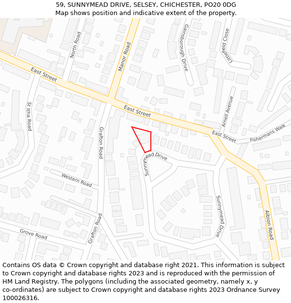 59, SUNNYMEAD DRIVE, SELSEY, CHICHESTER, PO20 0DG: Location map and indicative extent of plot